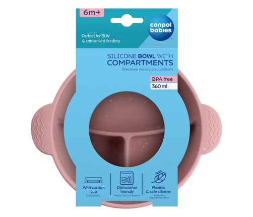 Canpol Babies Miska Silikonowa z 3 Przegródkami i Przyssawką 51/403_pin 360ml Dots Różowa
