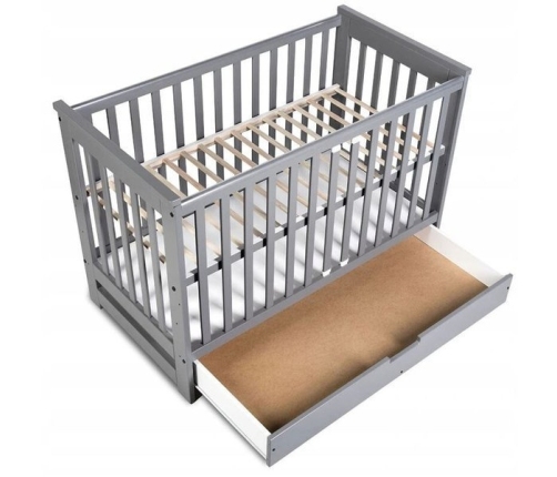 Klupś Łóżeczko IWO z Szufladą i Barierką Ochronną Szary
