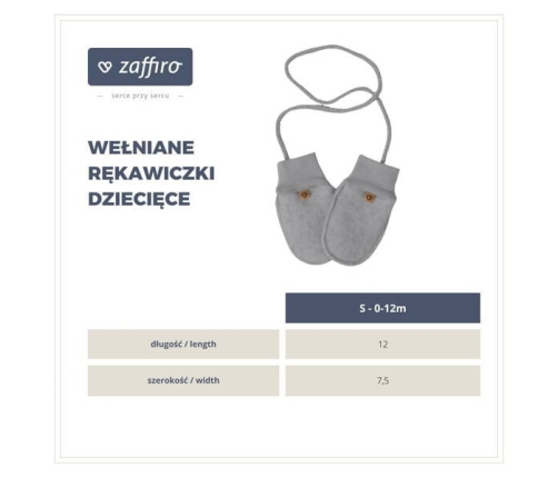 Zaffiro Rękawiczki Dziecięce Wełna Premium 0/12m Grey