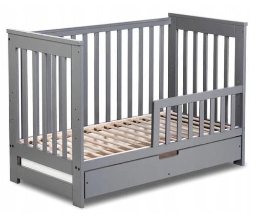Klupś Łóżeczko IWO z Szufladą i Barierką Ochronną Szary