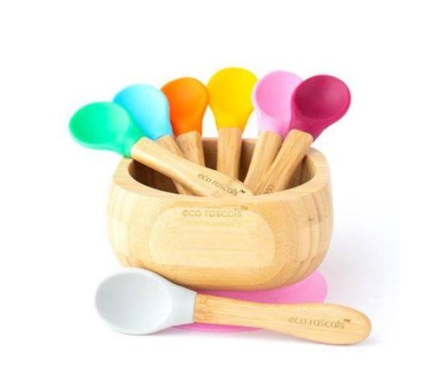 Ecorascals Zestaw 3 Łyżeczek Bambusowych z Silikonową Nakładką  Szary Różowy Zielony