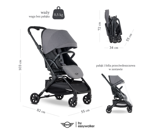 Mini by Easywalker Buggy Turn Kompaktowy Wózek Spacerowy z Obrotowym Siedziskiem 360 Soho Grey