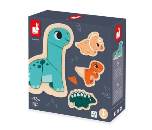 Janod Drewniane Puzzle Progresywne 4 układanki 2, 3, 4 i 5 elementów 18 m+ Dinozaury