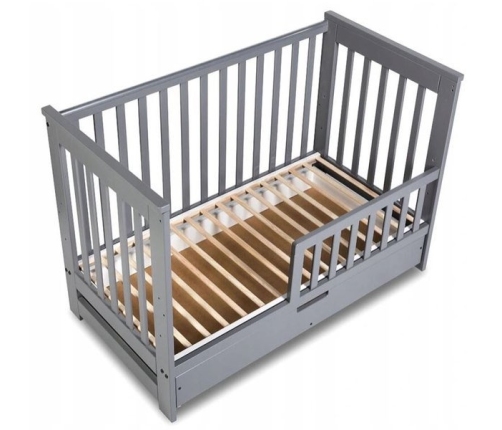 Klupś Łóżeczko IWO z Szufladą i Barierką Ochronną Szary