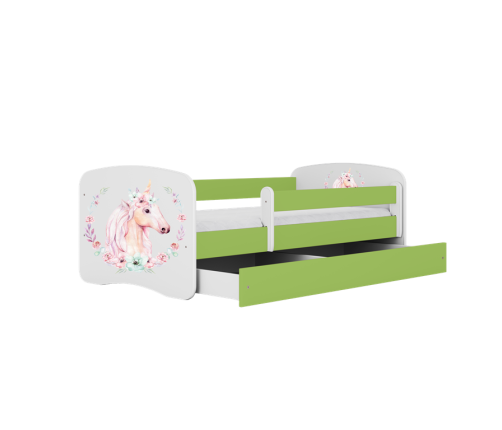 Łóżko babydreams zielone konik z szufladą materac 160/80