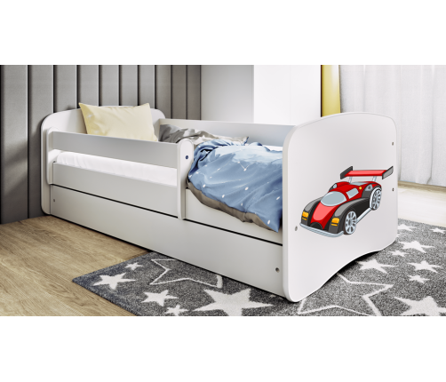 Gulta White Racing Car bez atvilktnes ar matraci 140x70