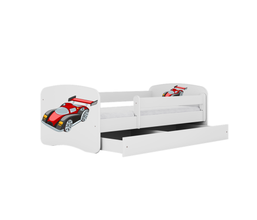 Детская кровать белая Race Car с ящиком и матрасом 140x70