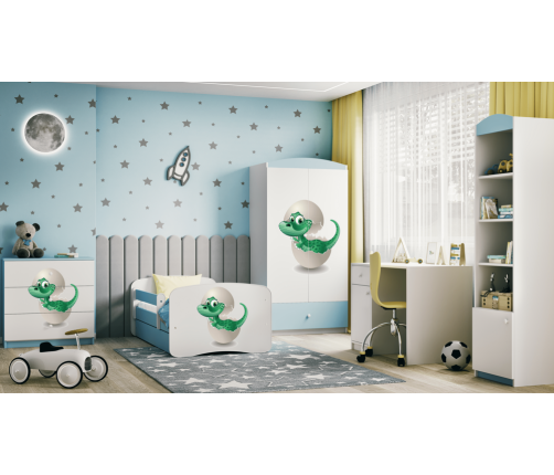 Łóżko babydreams niebieskie mały dino bez szuflady materac 140/70