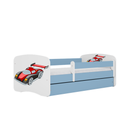 Bērnu gulta zila Racing Car ar atvilktni un lateksa matraci 140x70