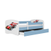 Детская кровать синяя Race Car с ящиком и матрасом 160x80
