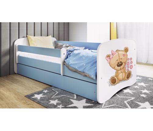 Детская синяя кровать Bear with Flowers без ящика с матрасом 180x80