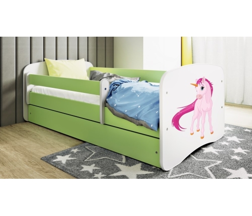 Łóżko babydreams zielone jednorożec bez szuflady materac 140/70