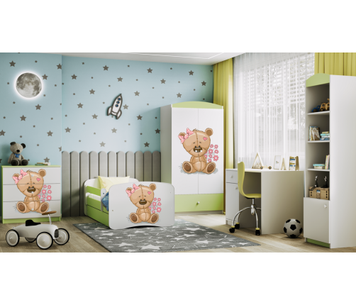 Łóżko babydreams zielone miś kwiatki bez szuflady materac 140/70