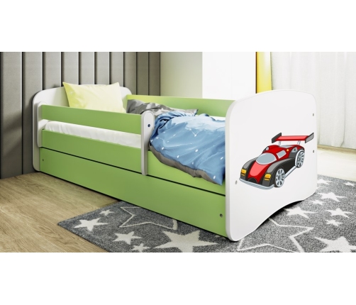 Łóżko babydreams zielone auto wyścigowe z szufladą materac 140/70