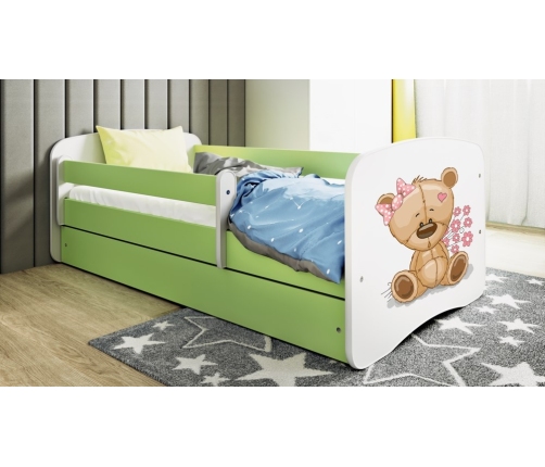 Łóżko babydreams zielone miś kwiatki z szufladą materac 140/70