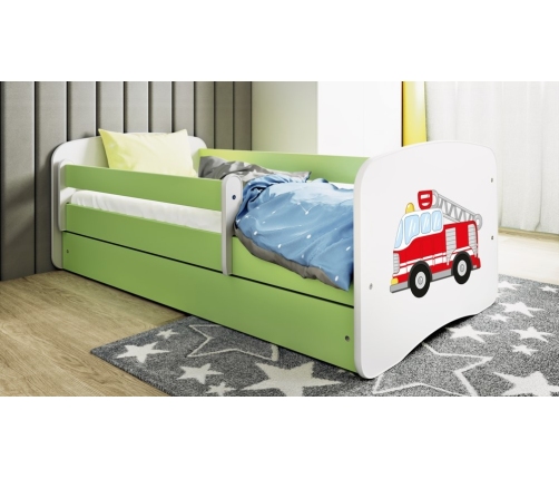 Łóżko babydreams zielone straż pożarna z szufladą materac 160/80