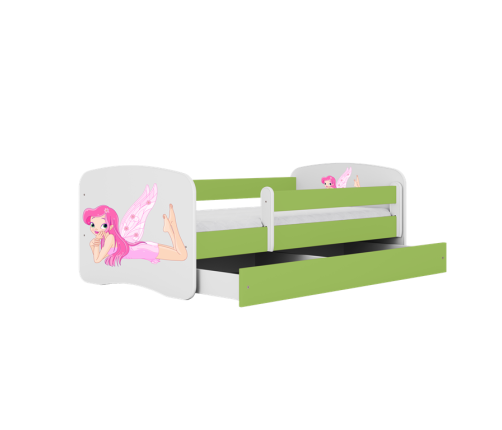 Łóżko babydreams zielone wróżka ze skrzydełkami z szufladą materac 160/80