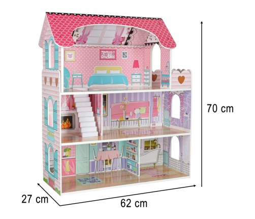 MDF koka leļļu māja + mēbeles 70cm rozā LED
