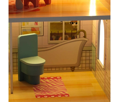 MDF koka leļļu māja + mēbeles 70cm rozā LED