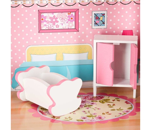 MDF koka leļļu māja + mēbeles 70cm rozā LED