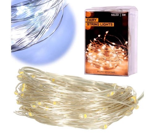 LED dekoratīvās vadu gaismas 5m 50LED auksti balta