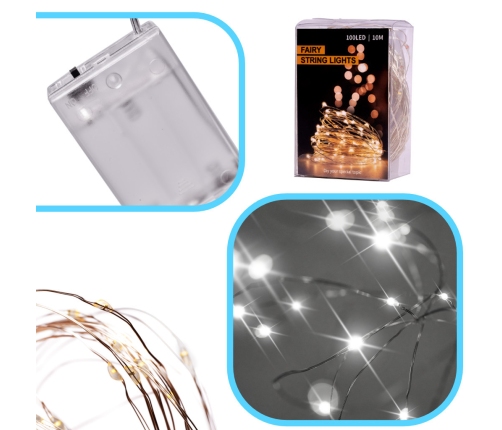 LED dekoratīvās vadu gaismas 5m 50LED auksti balta