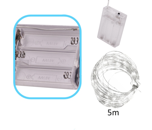 LED dekoratīvās vadu gaismas 5m 50LED auksti balta