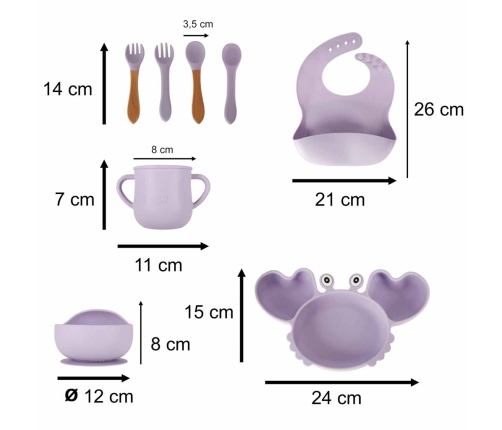 Bērnu silikona trauki krabju komplekts 9 gabaliņi violeti