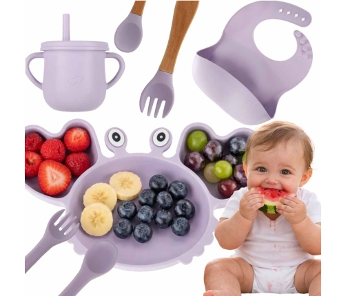Bērnu silikona trauki krabju komplekts 9 gabaliņi violeti