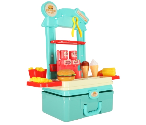 Bērnu virtuve čemodānā ātrās ēdināšanas burgeru komplekts saldējums frī kartupeļi 55cm