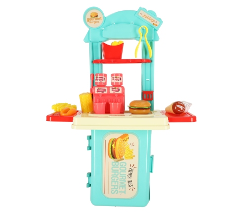 Bērnu virtuve čemodānā ātrās ēdināšanas burgeru komplekts saldējums frī kartupeļi 55cm