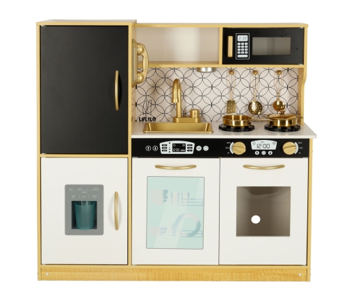 Bērnu koka virtuve ar ledusskapi zelta krāsā