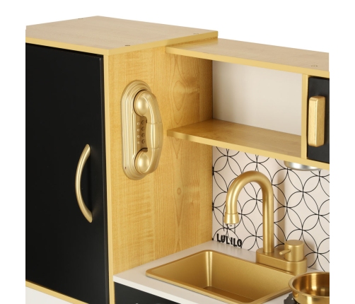 Bērnu koka virtuve ar ledusskapi zelta krāsā