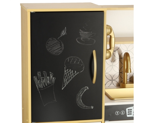 Bērnu koka virtuve ar ledusskapi zelta krāsā