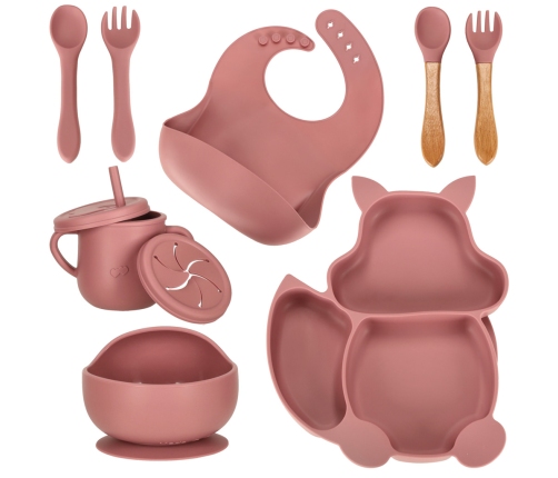 Bērnu silikona trauki vāverīte tumši rozā krāsā