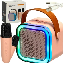 Karaoke komplekts 2 mikrofoni + portatīvais skaļrunis BLUETOOTH USB LED rozā krāsā Karaoke komplekts 2 mikrofoni + portatīvais skaļrunis BLUETOOTH USB LED rozā krāsā