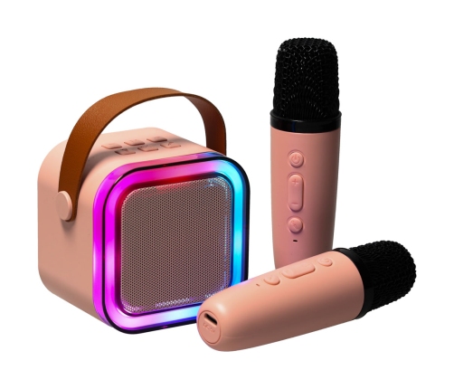 Karaoke komplekts 2 mikrofoni + portatīvais skaļrunis BLUETOOTH USB LED rozā krāsā