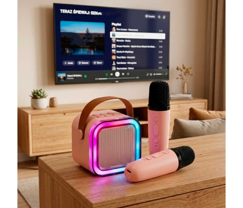 Karaoke komplekts 2 mikrofoni + portatīvais skaļrunis BLUETOOTH USB LED rozā krāsā