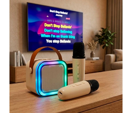 Karaoke komplekts 2 mikrofoni + portatīvais skaļrunis BLUETOOTH USB LED bēšs