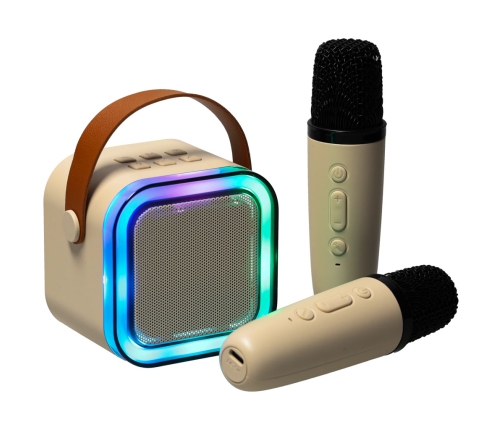 Karaoke komplekts 2 mikrofoni + portatīvais skaļrunis BLUETOOTH USB LED bēšs