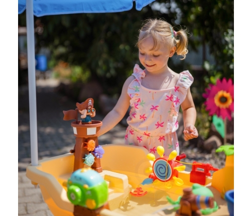 WOOPIE Stolik Wodny 2w1 Piaskownica Statek Piracki z Parasolem XL z Maszyna do Robienia Baniek Mydlanych