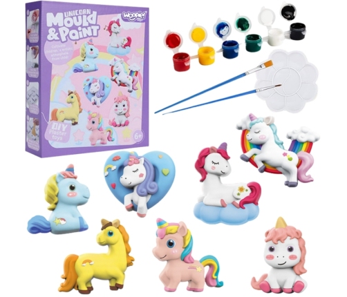 WOOPIE Zestaw Kreatywny z Farbami DIY Zrób Odlewy Gipsowe Figurki i Pomaluj - Zestaw Jednorożce