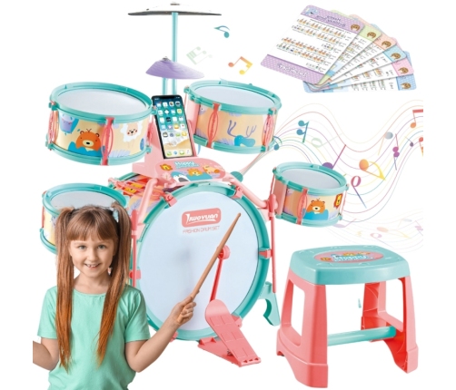 WOOPIE Perkusja Edukacyjna dla Dzieci 5 Bębnów 1 Talerz + Taboret z Motywem Zwierzątek