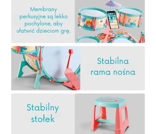 WOOPIE Perkusja Edukacyjna dla Dzieci 5 Bębnów 1 Talerz + Taboret z Motywem Zwierzątek