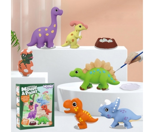 WOOPIE Zestaw Kreatywny z Farbami DIY Zrób Odlewy Gipsowe Figurki i Pomaluj - Zestaw Dinozaury