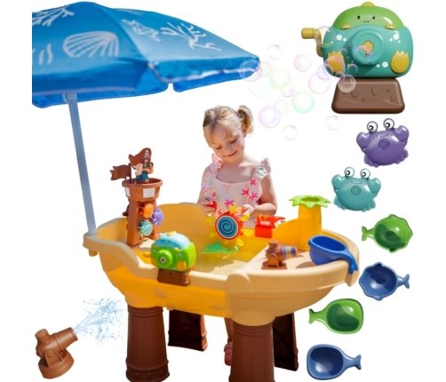 WOOPIE Stolik Wodny 2w1 Piaskownica Statek Piracki z Parasolem XL z Maszyna do Robienia Baniek Mydlanych