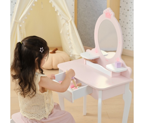 VIGA Duża Toaletka Drewniana Biało-Różowa z Lustrem i Krzesełkiem