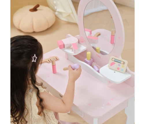 VIGA Duża Toaletka Drewniana Biało-Różowa z Lustrem i Krzesełkiem