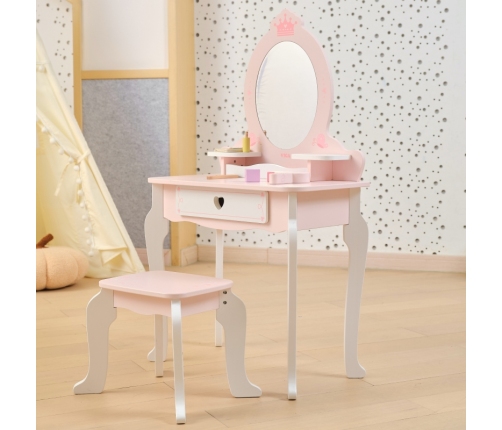 VIGA Duża Toaletka Drewniana Biało-Różowa z Lustrem i Krzesełkiem