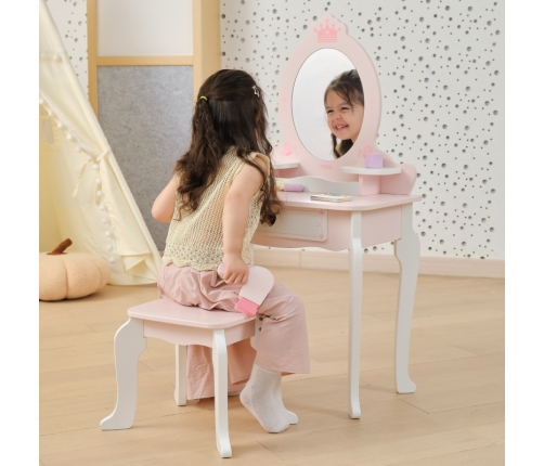 VIGA Duża Toaletka Drewniana Biało-Różowa z Lustrem i Krzesełkiem